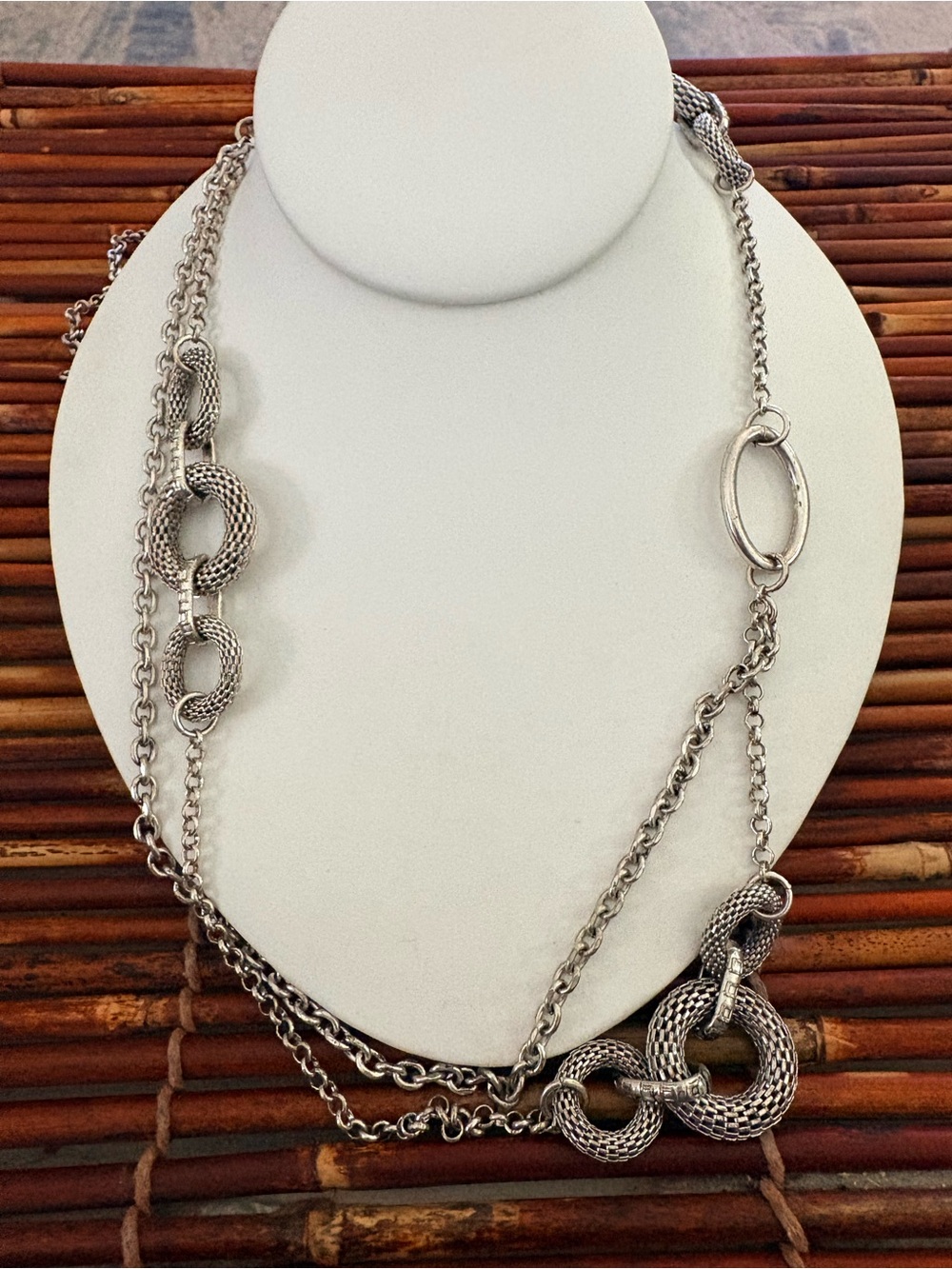 Premier Designs Silver Textured Multi-Link Layer Necklace with Knotted Rings 42”